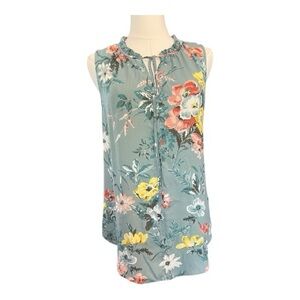 LOFT Sleeveless Floral Tie-Neck Blouse in Teal with Yellow & Coral Flowers